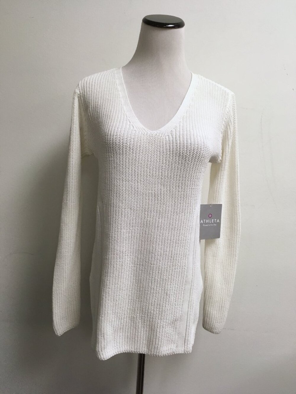 Athleta Highline Sweatdove White v neck tunic cotton knit sweater S nwt